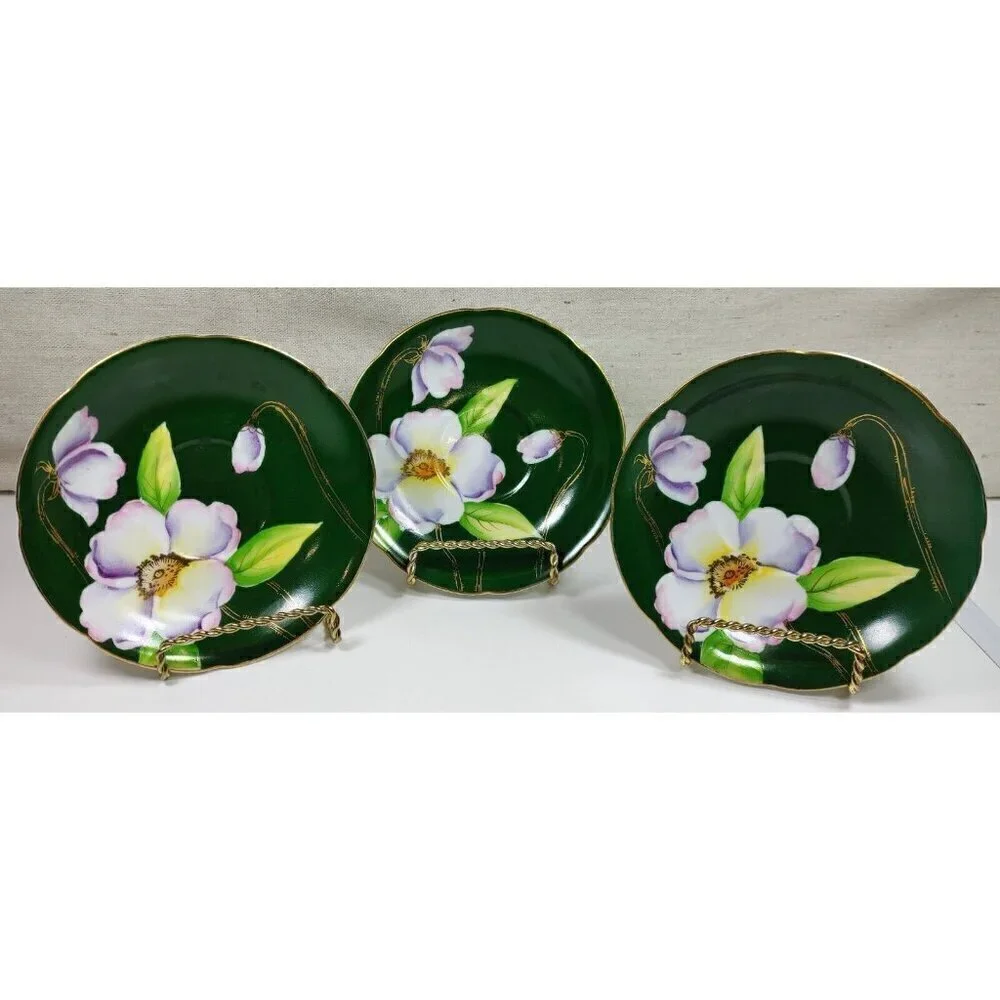 Silver China Occupied Japan Green Hand Painted Flowers Gold Trim Saucer Set Of 3